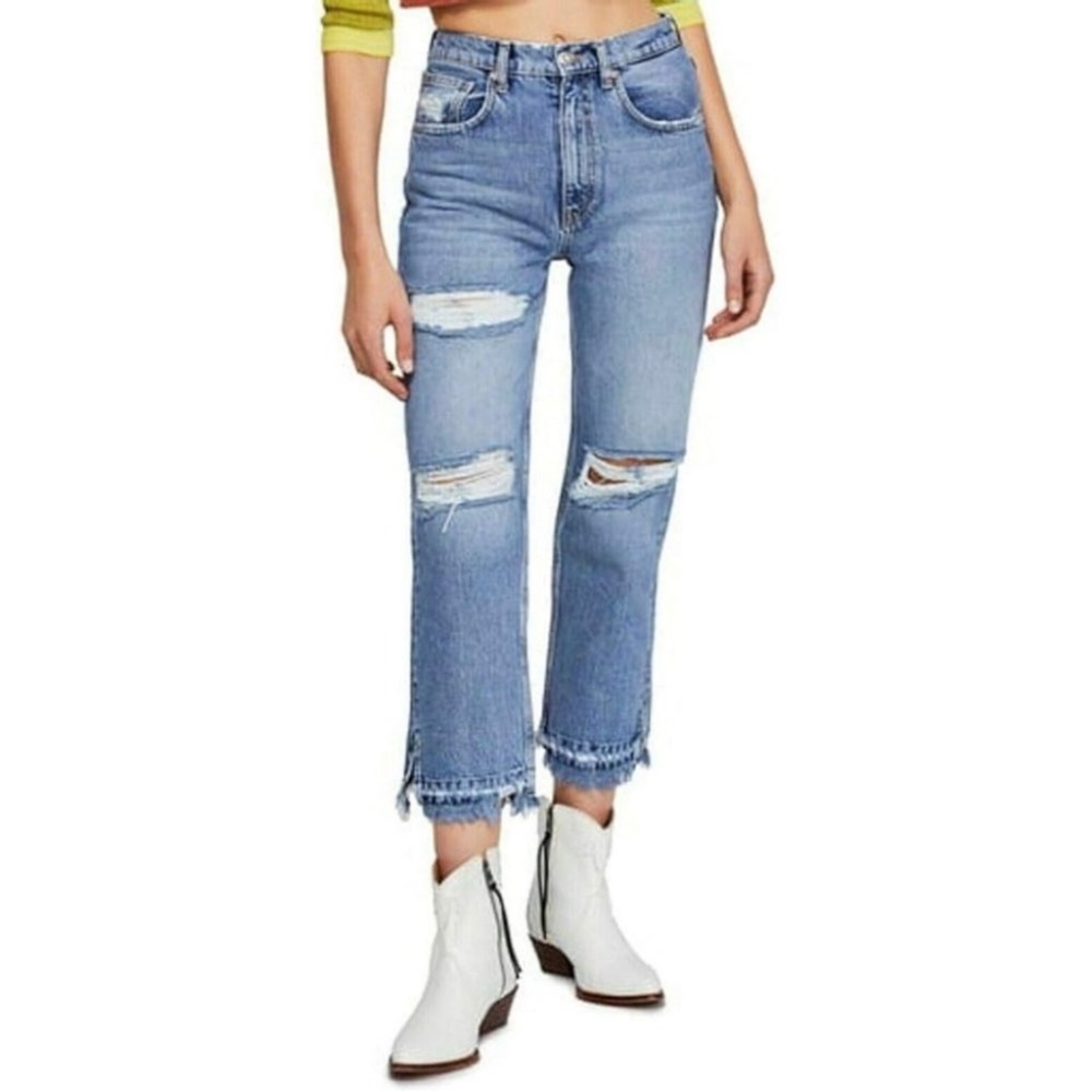 WE THE FREE jeans Crop Straight Leg Distressed Raw Hem
